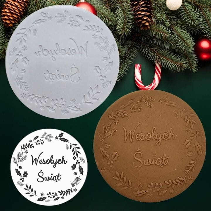 Stempel do masy cukrowej z napisem Wesołych Świąt z wieńcem