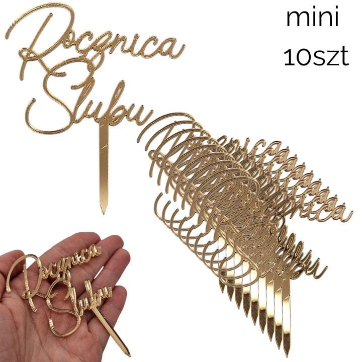 Zestaw złotych MINI topperów ROCZNICA ŚLUBU 10szt (
