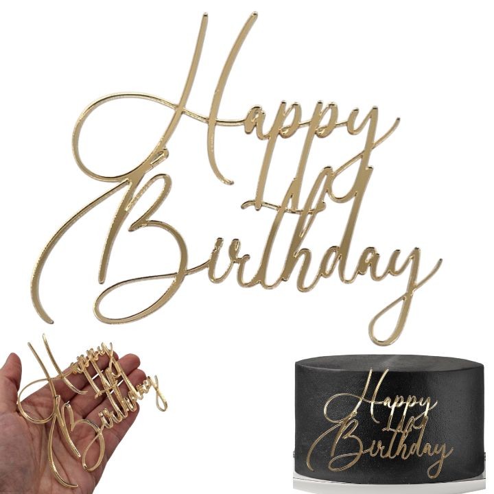 Złoty topper na bok tortu DEKOR Happy Birthday lustro