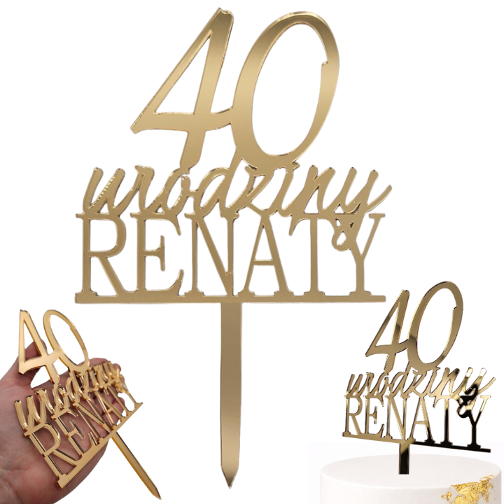 topper na tort - Topper na urodziny z imieniem wiekiem złoty lustrzany