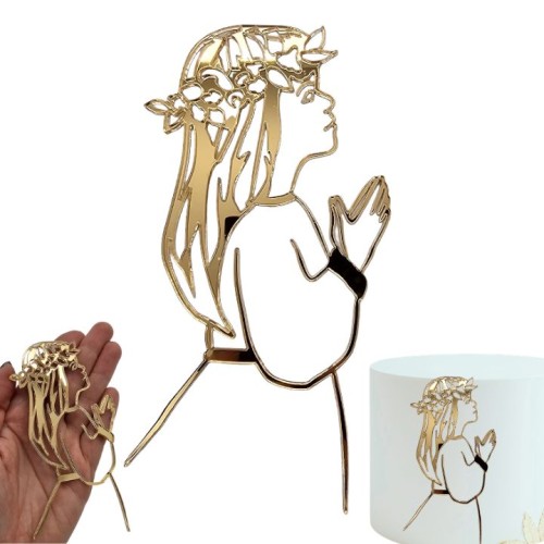 topper na tort  - Dekor złoty na komunie modląca się dziewczynka