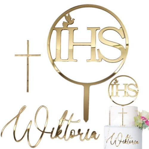 Złoty ZESTAW dekoracji na tort komunijny IMIĘ IHS złote lustro