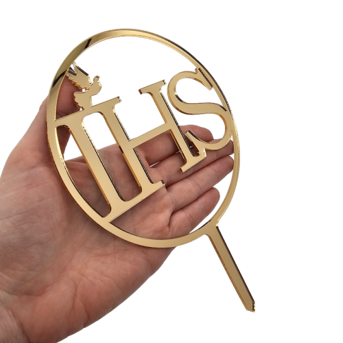 Złoty ZESTAW dekoracji na tort komunijny IMIĘ IHS złote lustro