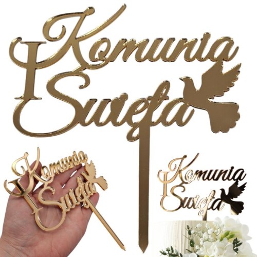 Topper na komunię napis I Komunia Święta złoty lustrzany