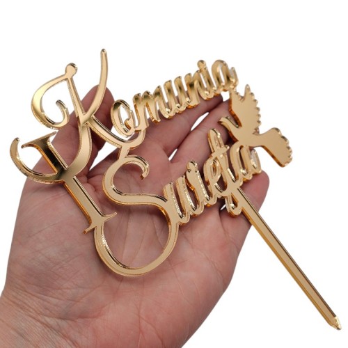 Topper na komunię napis I Komunia Święta złoty lustrzany