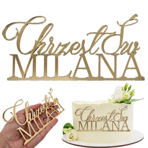 topper na tort - Złoty topper na bok tortu DEKOR Chrzest Święty z imieniem