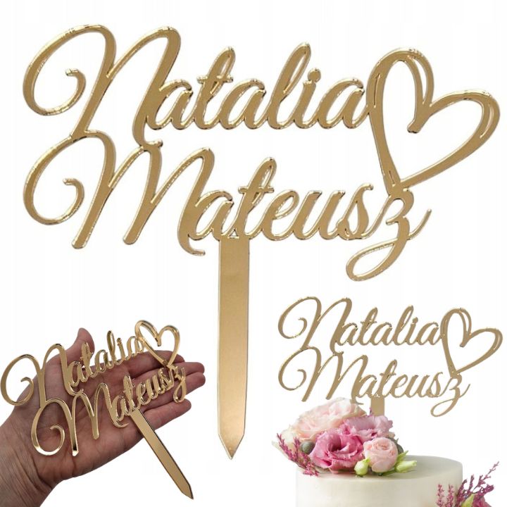 złoty topper na tort ślubny z imionami Pary z serduszkiem
