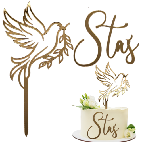 Złoty zestaw dekoracji na tort komunijny imię + gołąb