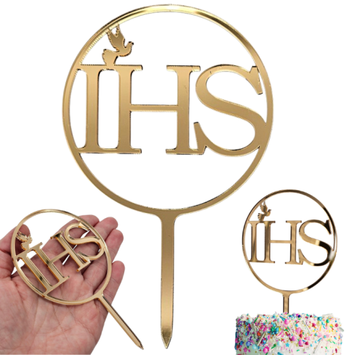 MINI topper na komunię IHS w kole - złote lustro