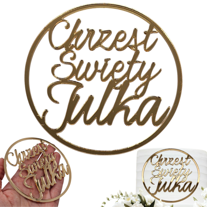 Topper na bok tortu Chrzest Święty z imieniem z kole złoty