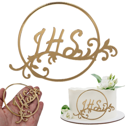 Dekor na komunię IHS w kole na tort złoty plexi
