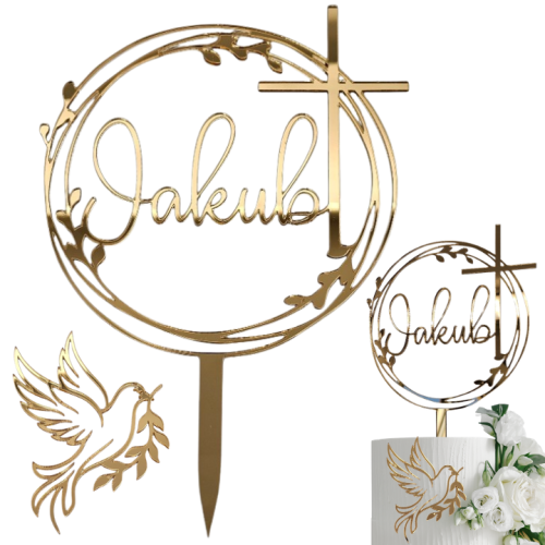 Złoty zestaw dekoracji na tort komunijny imię + gołąbica