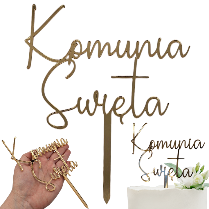 Topper na komunię tort złoty plexi KOMUNIA ŚWIĘTA