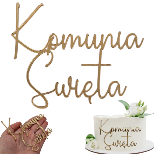 Topper DEKOR na komunię tort złoty plexi KOMUNIA ŚWIĘTA