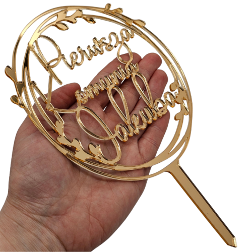 Topper na tort na komunię z imieniem złote lustro plexi