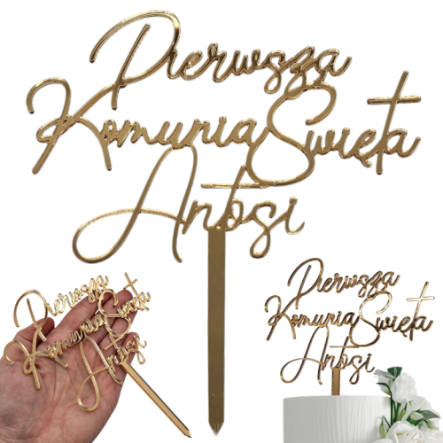 Złoty lustrzany topper na tort komunię z imieniem IMIĘ