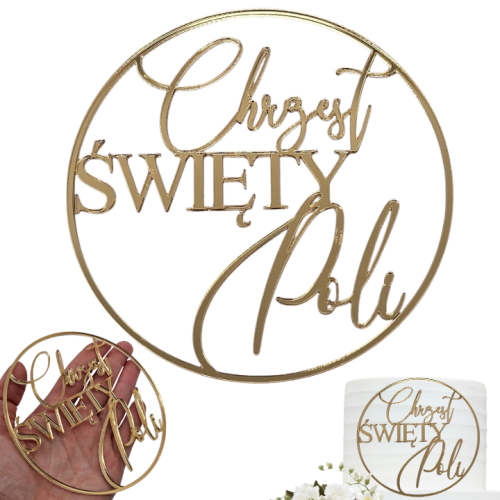 topper na bok tortu CHRZEST ŚWIĘTY z imieniem złoty lustrzany