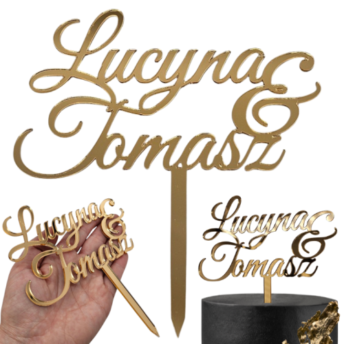 Złoty topper na tort ślubny z imionami IMIONA z &