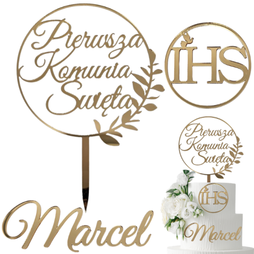 Zestaw dekoracji na tort komunijny na komunię z IMIENIEM