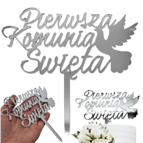 Topper na komunię Pierwsza Komunia z gołębiem srebrne lustro