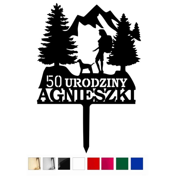 Topper urodzinowy na tort KOBIETA I GÓRY z imieniem wiekiem