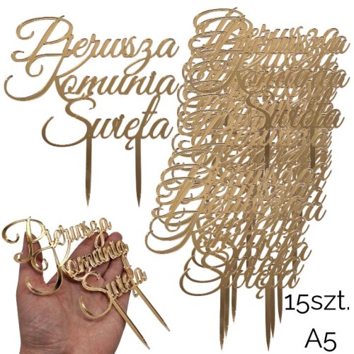 Zestaw topperów KOMUNIA ŚWIĘTA złote lustro A5 -15szt