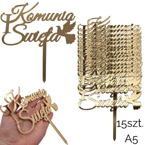 Zestaw topperów I KOMUNIA ŚWIĘTA złote lustro A5 -15szt