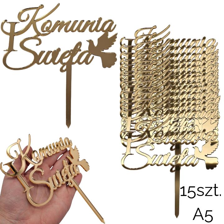 Zestaw topperów I KOMUNIA ŚWIĘTA złote lustro A5 -15szt