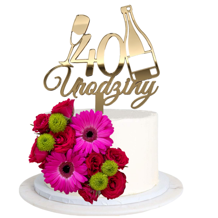 Topper urodzinowy z dowolną liczbą Szampan z kieliszkiem złote lustro