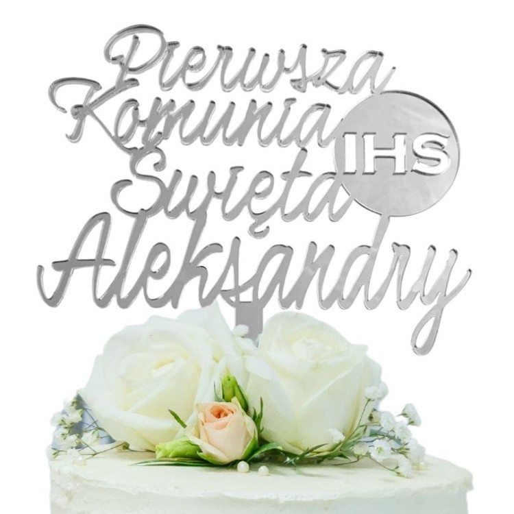 Topper na komunię Komunia Święta z imieniem IHS złoty srebrny