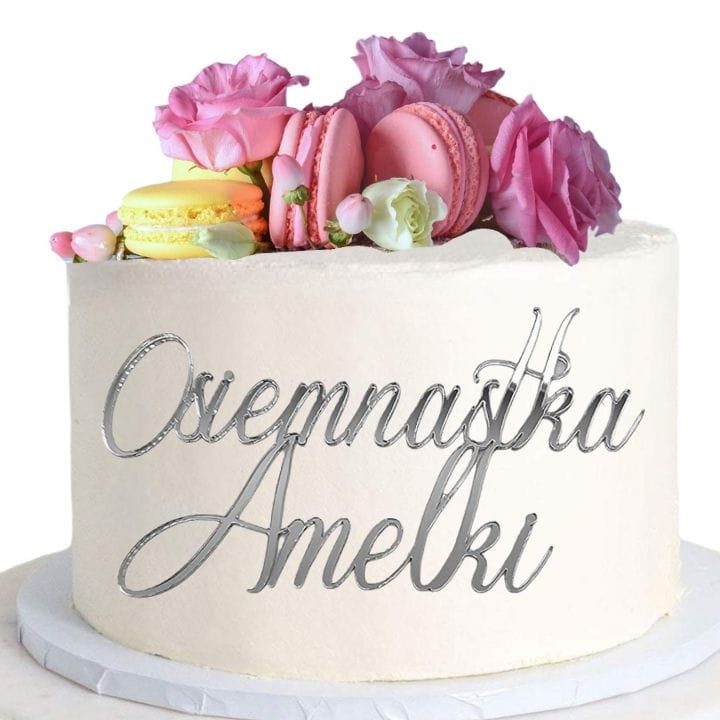 Topper na bok tortu DEKOR srebrny Osiemnastka z imieniem