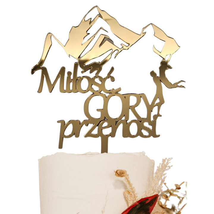 Topper na tort ślubny MIŁOŚĆ GÓRY PRZENOSI złoty