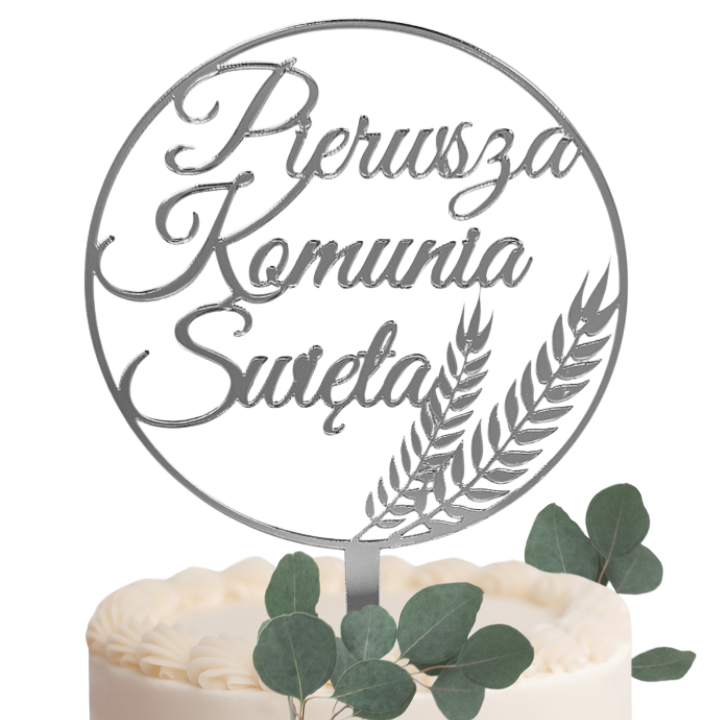 Topper na komunię srebrny Pierwsza Komunia Święta na tort