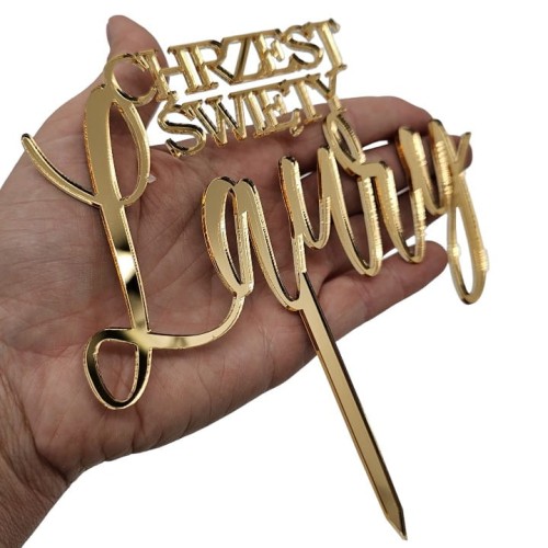 Topper na CHRZEST ŚWIĘTY z imieniem złote lustro